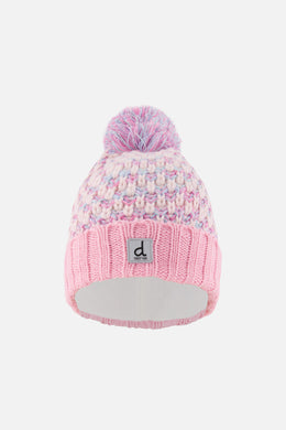 Bonnet d'hiver en tricot avec pompom vieux rose et bleu clair