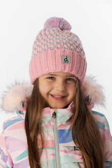 Bonnet d'hiver en tricot avec pompom vieux rose et bleu clair