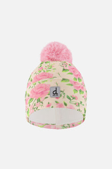 Winter Knit Hat With Pompom Beige Vintage Rose Print