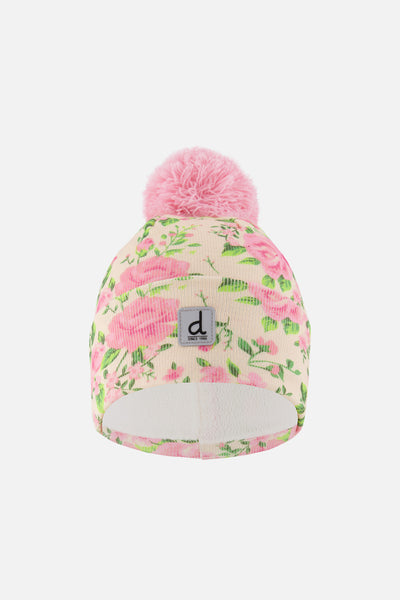 Winter Knit Hat With Pompom Beige Vintage Rose Print