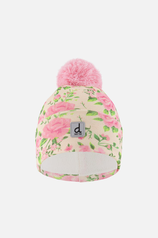 Winter Knit Hat With Pompom Beige Vintage Rose Print