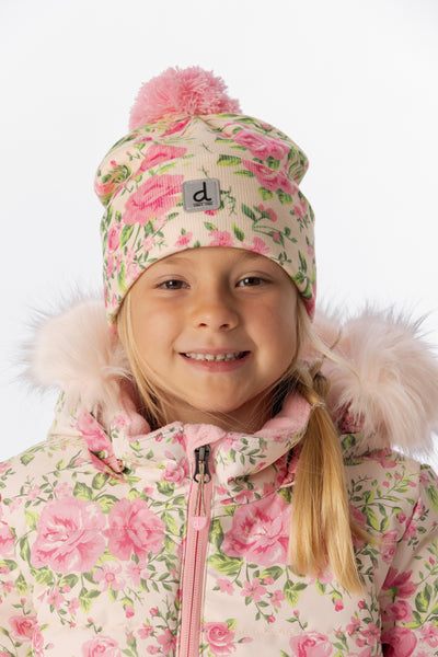 Winter Knit Hat With Pompom Beige Vintage Rose Print