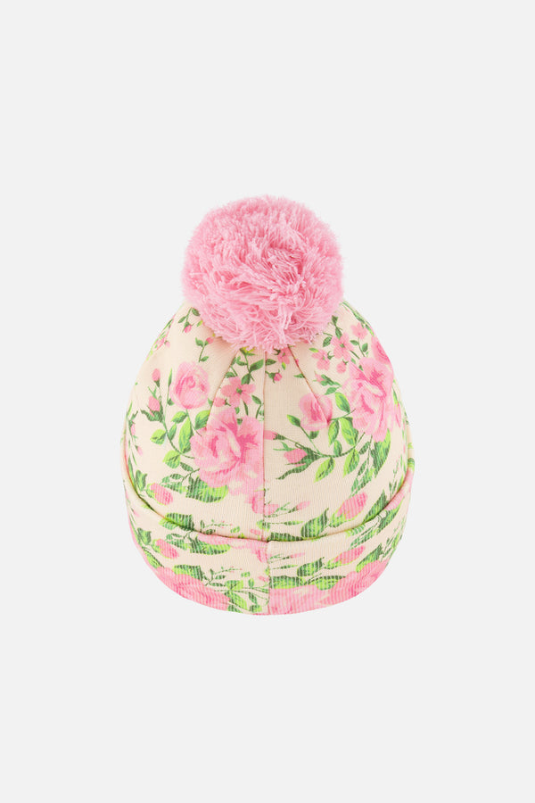 Winter Knit Hat With Pompom Beige Vintage Rose Print