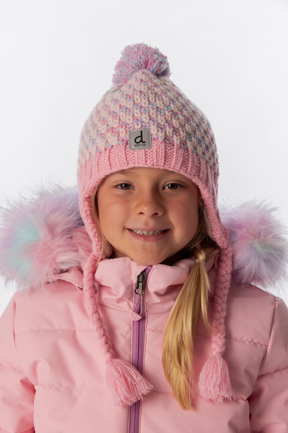Bonnet d'hiver péruvien en tricot avec pompom vieux rose et bleu clair