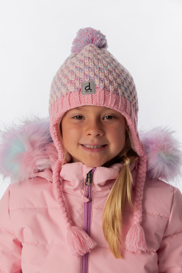 Bonnet d'hiver péruvien en tricot avec pompom vieux rose et bleu clair
