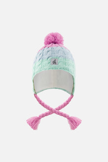 Winter Peruvian Knit Hat With Pompom Mint Green, Light Blue And Pinkish Violet