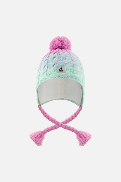 Winter Peruvian Knit Hat With Pompom Mint Green, Light Blue And Pinkish Violet