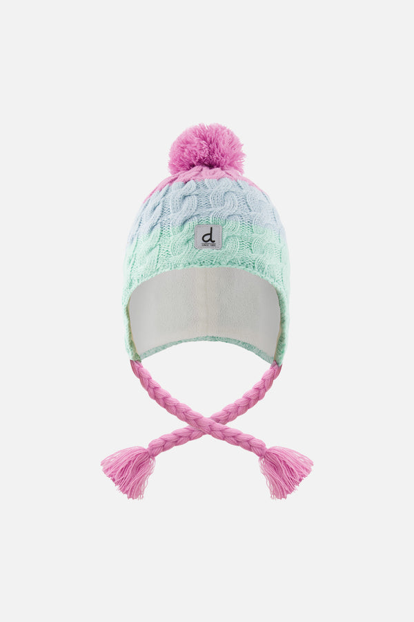 Winter Peruvian Knit Hat With Pompom Mint Green, Light Blue And Pinkish Violet