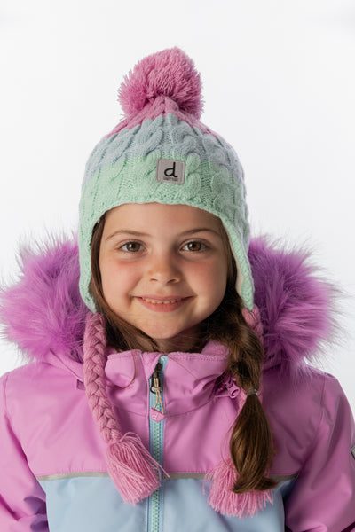 Winter Peruvian Knit Hat With Pompom Mint Green, Light Blue And Pinkish Violet