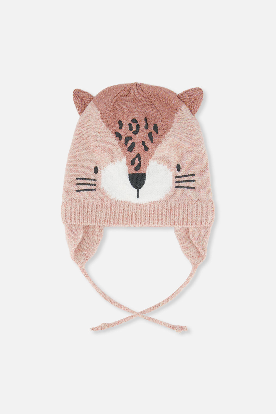 Baby Leopard Winter Knit Hat With Ear Flaps And Ears Pale Dusty Pink - J10ZA05_06220