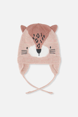 Baby Leopard Winter Knit Hat With Ear Flaps And Ears Pale Dusty Pink - J10ZA05_06220
