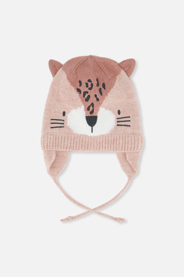 Baby Leopard Winter Knit Hat With Ear Flaps And Ears Pale Dusty Pink - J10ZA05_06220
