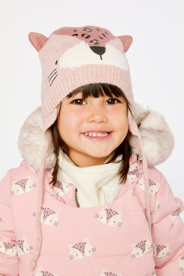 Baby Leopard Winter Knit Hat With Ear Flaps And Ears Pale Dusty Pink - J10ZA05_06220