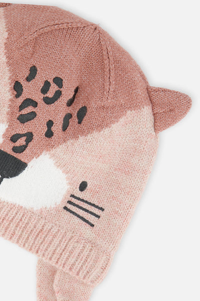 Baby Leopard Winter Knit Hat With Ear Flaps And Ears Pale Dusty Pink - J10ZA05_06220