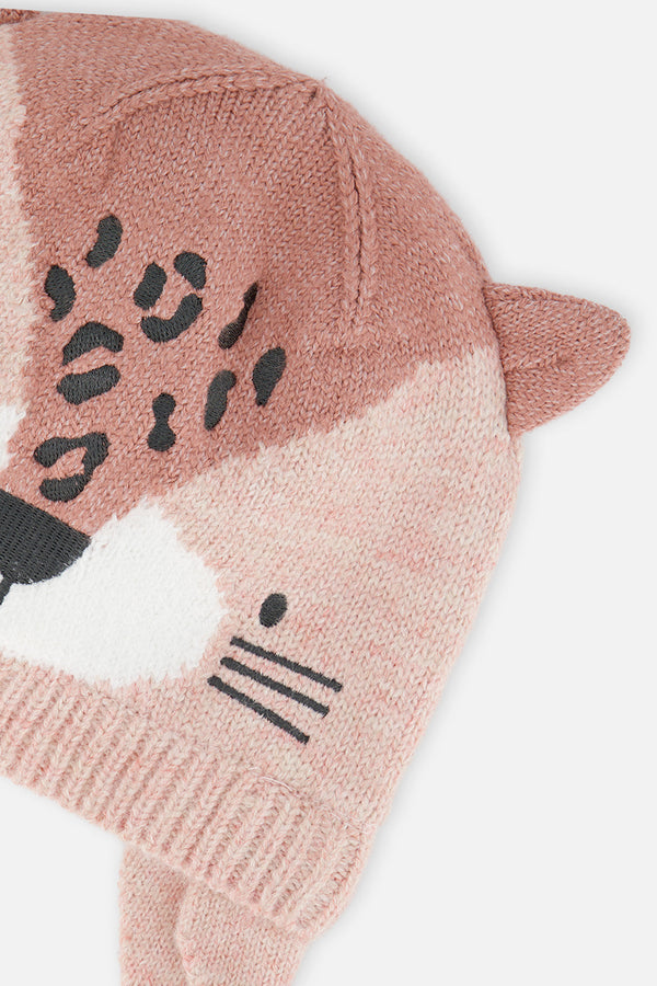 Baby Leopard Winter Knit Hat With Ear Flaps And Ears Pale Dusty Pink - J10ZA05_06220