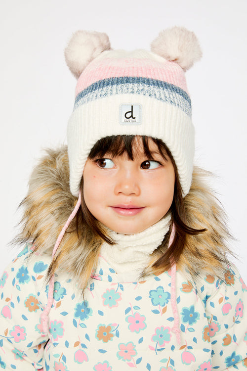 Baby Winter Knit Hat With Ear Flaps And Pompoms Off-White, Pink And Blue - J10ZA06_01880