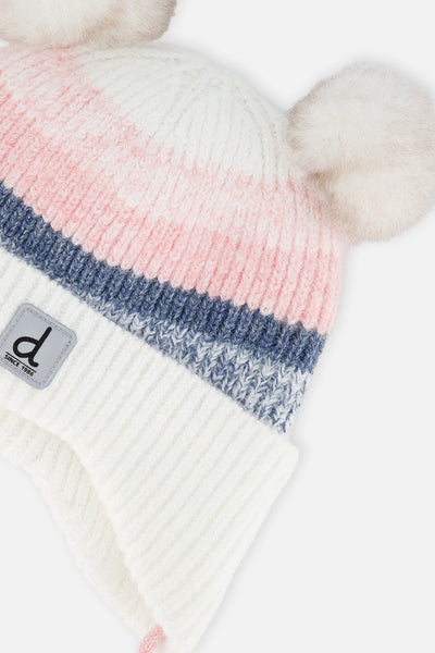 Baby Winter Knit Hat With Ear Flaps And Pompoms Off-White, Pink And Blue - J10ZA06_01880
