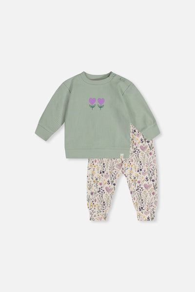 Organic Cotton Pants And Top Set Green And Beige Heart Print - J20A11_03009