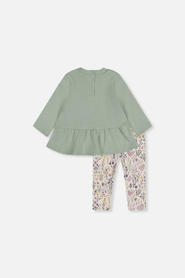 Organic Cotton Peplum Tunic And Legging Set Green And Beige Heart Print - J20A13_03009
