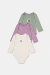 Dreierpack Bio-Bodys mit violettem Blumenmuster