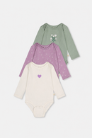 Dreierpack Bio-Bodys mit violettem Blumenmuster