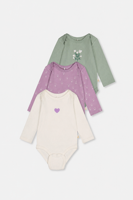 Dreierpack Bio-Bodys mit violettem Blumenmuster