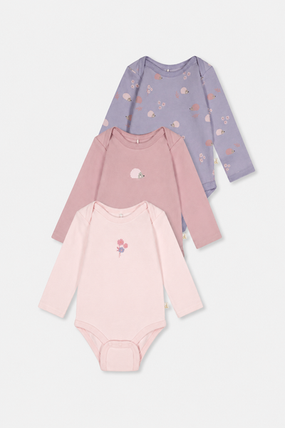 Dreierpack Body aus Bio-Baumwolle mit lila Igelprint
