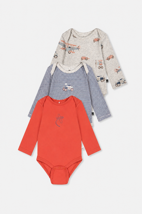 Dreierpack Bio-Bodys beige mit Flugzeugprint