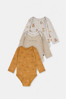 Dreierpack Bio-Bodys mit braunem Igelprint
