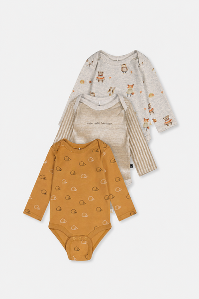 Dreierpack Bio-Bodys mit braunem Igelprint