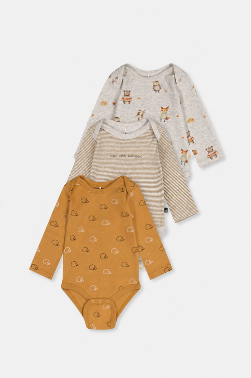 Dreierpack Bio-Bodys mit braunem Igelprint