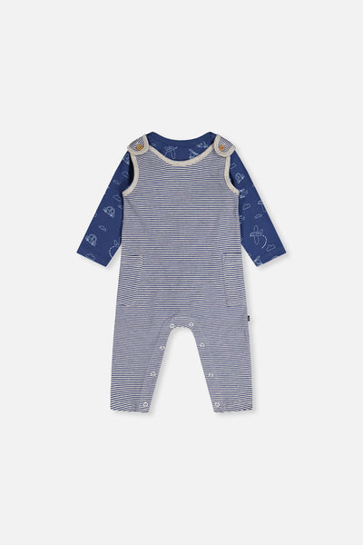 Organic Cotton Onesie With Overalls Set Blue Printed Transportation - J20C42_2J238