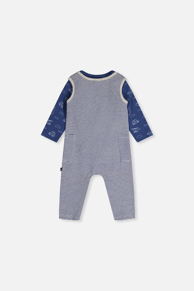 Organic Cotton Onesie With Overalls Set Blue Printed Transportation - J20C42_2J238