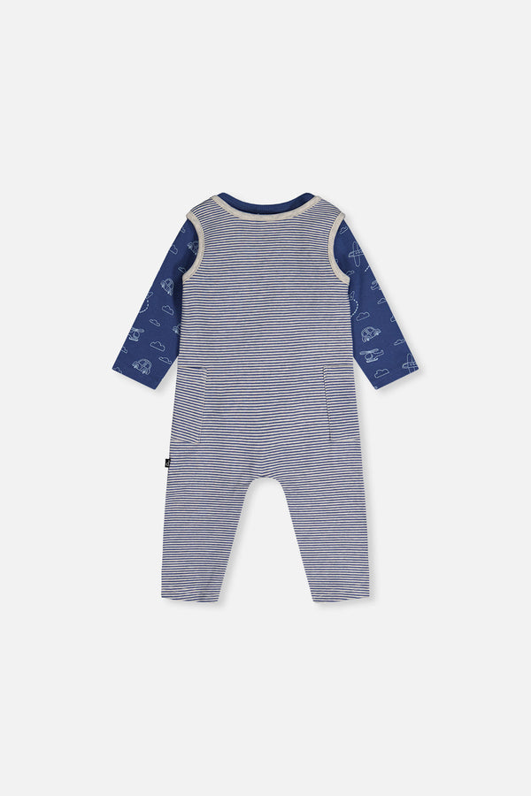 Organic Cotton Onesie With Overalls Set Blue Printed Transportation - J20C42_2J238