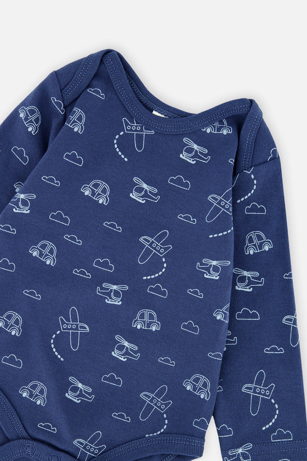 Organic Cotton Onesie With Overalls Set Blue Printed Transportation - J20C42_2J238