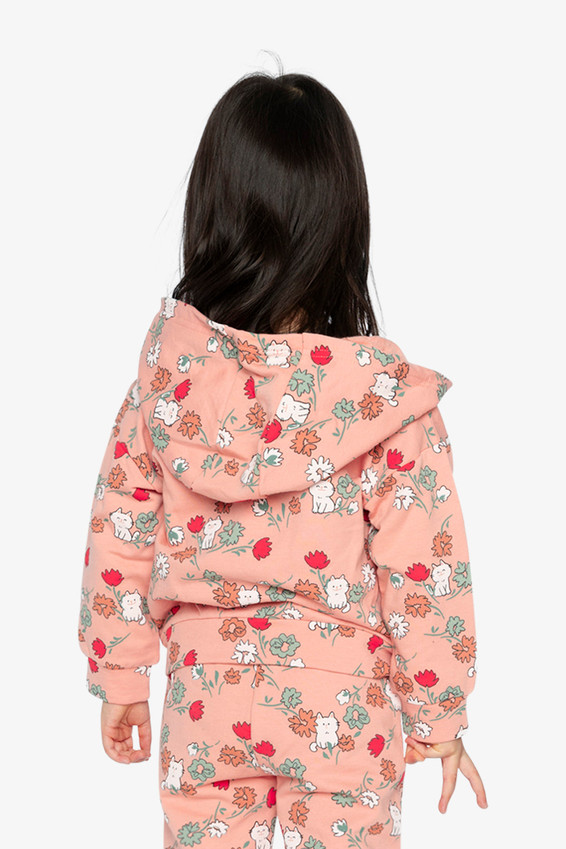 French-Terry-Kapuzenstrickjacke mit rosa Katzenmotiv