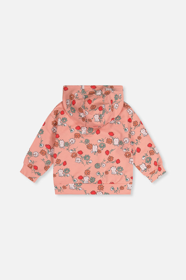 French-Terry-Kapuzenstrickjacke mit rosa Katzenmotiv