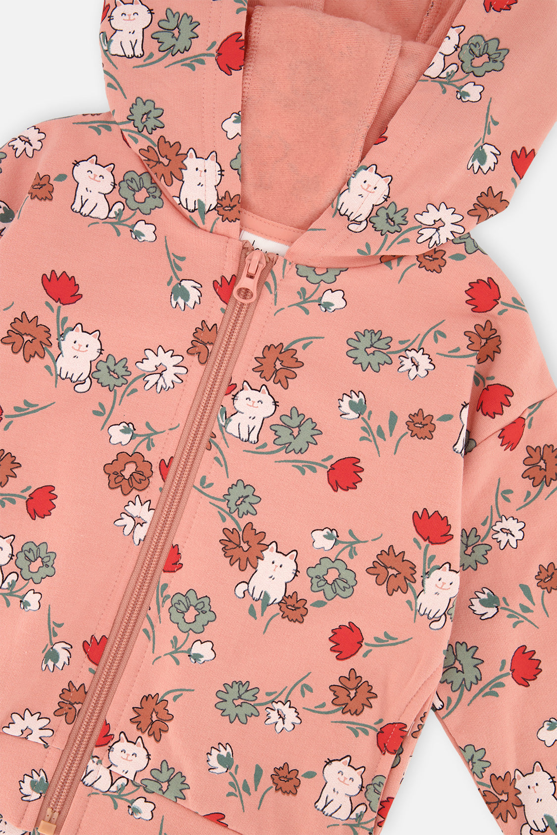 French-Terry-Kapuzenstrickjacke mit rosa Katzenmotiv
