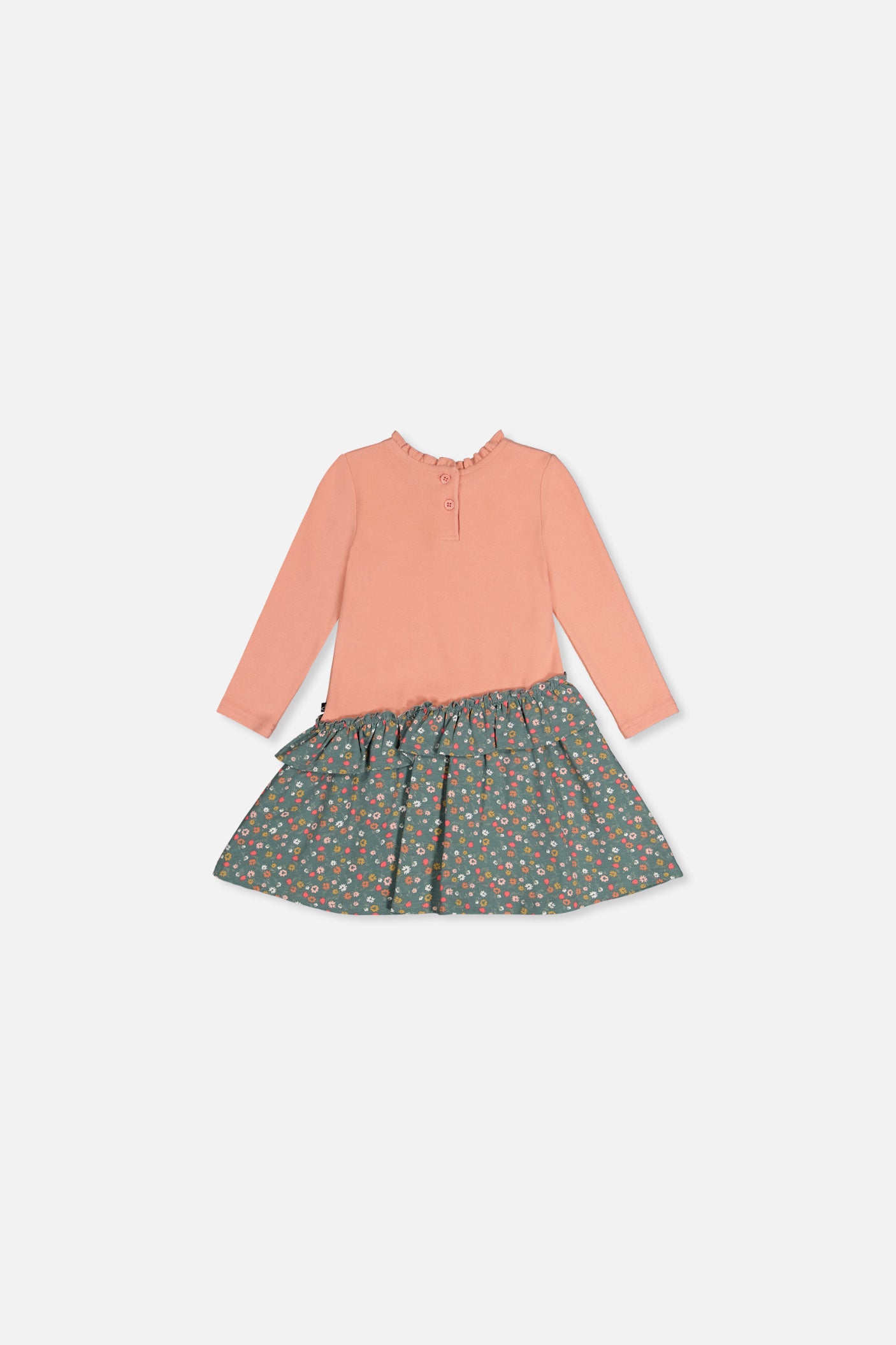 Baby-Kleid aus zwei Materialien in Blassrosa mit grünem Blumenmuster