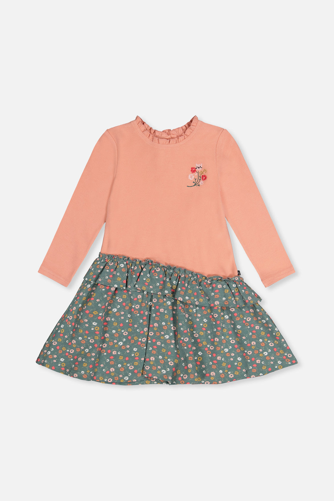 Robe bi-matière rose pâle et vert imprimé fleurs