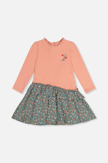 Robe bi-matière rose pâle et vert imprimé fleurs