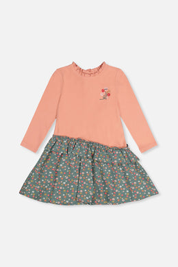 Robe bi-matière rose pâle et vert imprimé fleurs