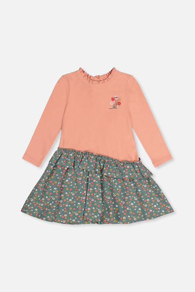 Robe bi-matière rose pâle et vert imprimé fleurs