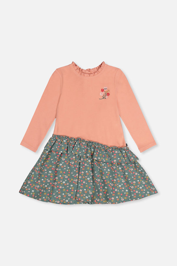 Robe bi-matière rose pâle et vert imprimé fleurs