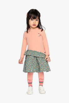 Robe bi-matière rose pâle et vert imprimé fleurs