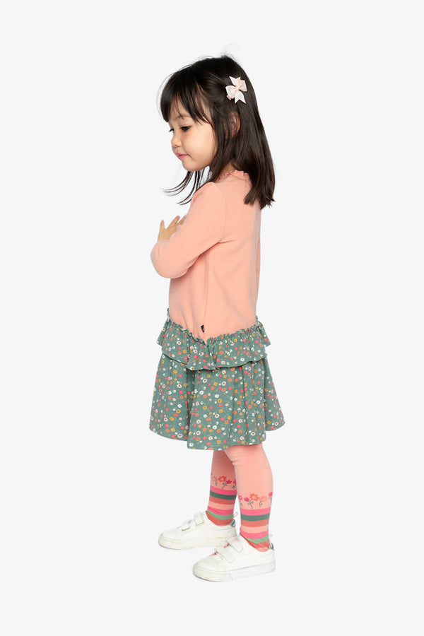 Robe bi-matière rose pâle et vert imprimé fleurs