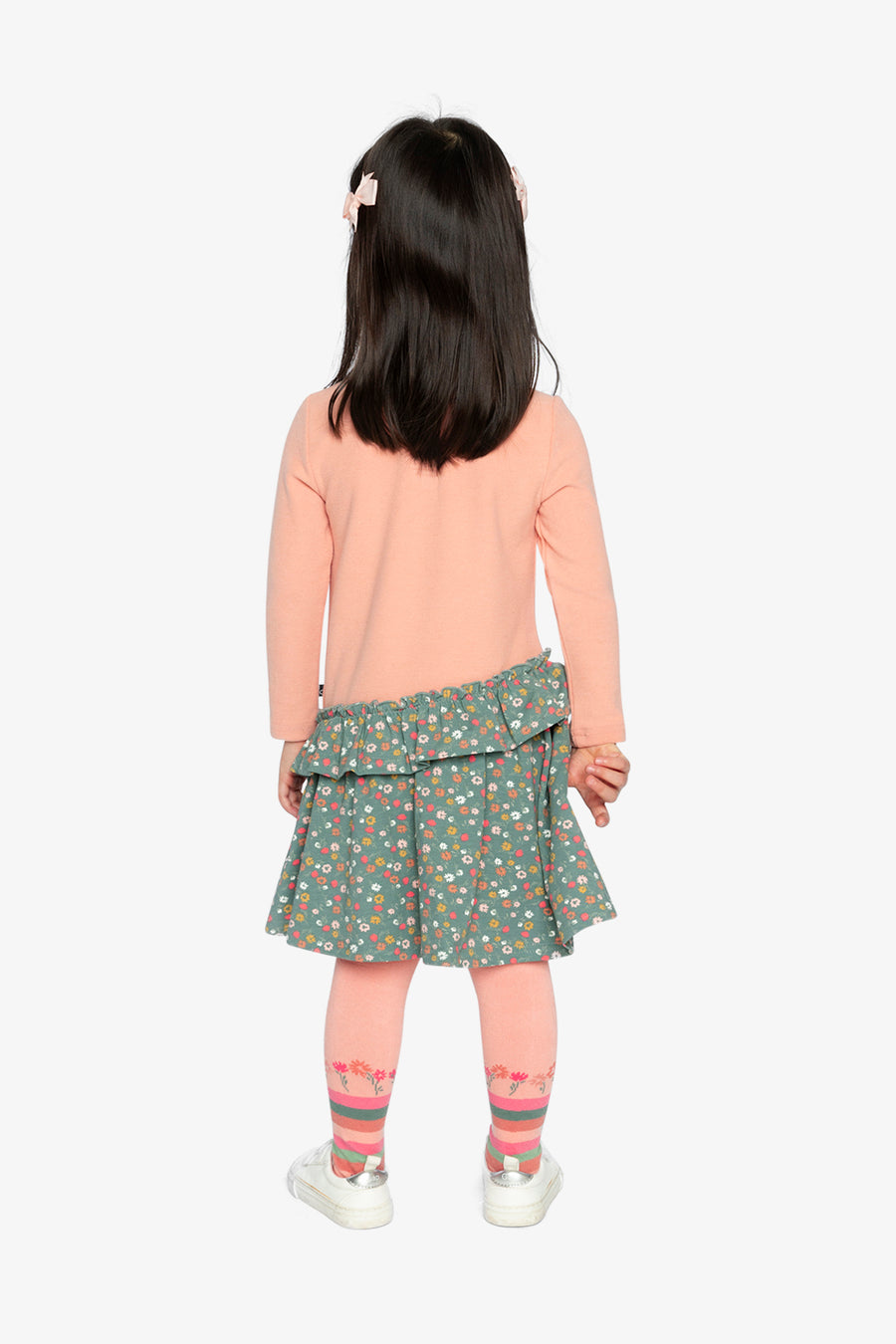 Robe bi-matière rose pâle et vert imprimé fleurs