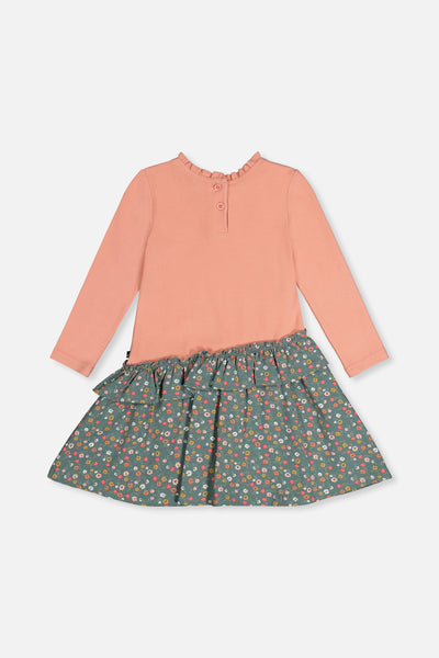 Robe bi-matière rose pâle et vert imprimé fleurs