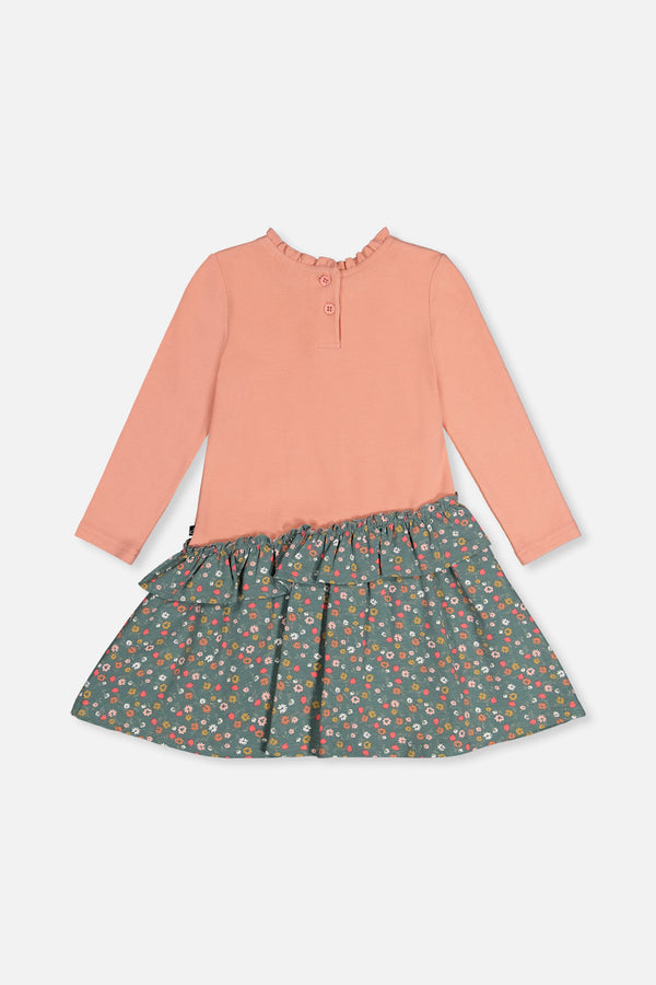 Robe bi-matière rose pâle et vert imprimé fleurs