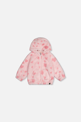 Baby-Kapuzenjacke mit durchgehendem Reißverschluss aus Kunstpelz, rosa mit Herzmuster